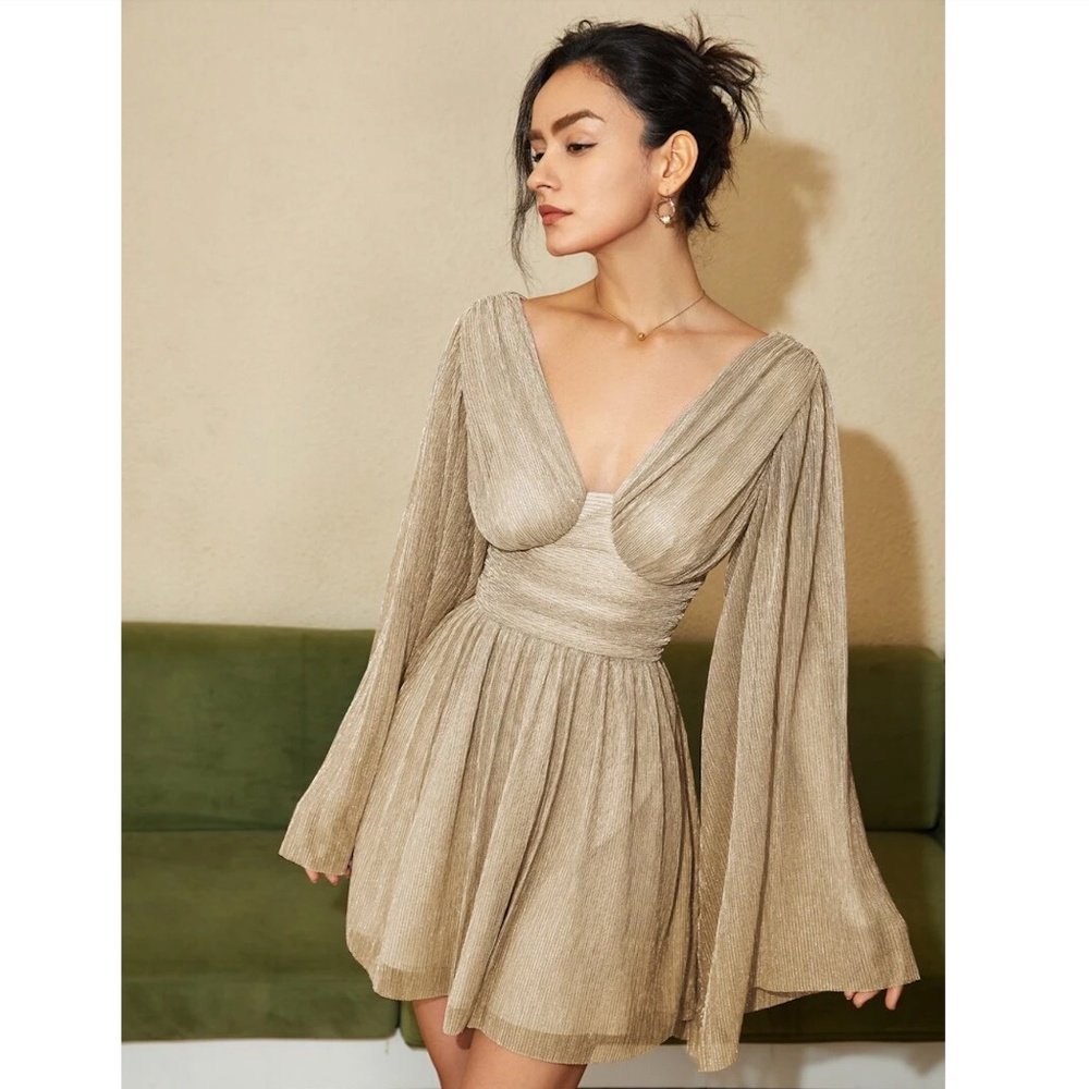 Champagne Beige Mini Dress Flared Bell Long Sleeve Fitted Waist - Picture 8 of 12